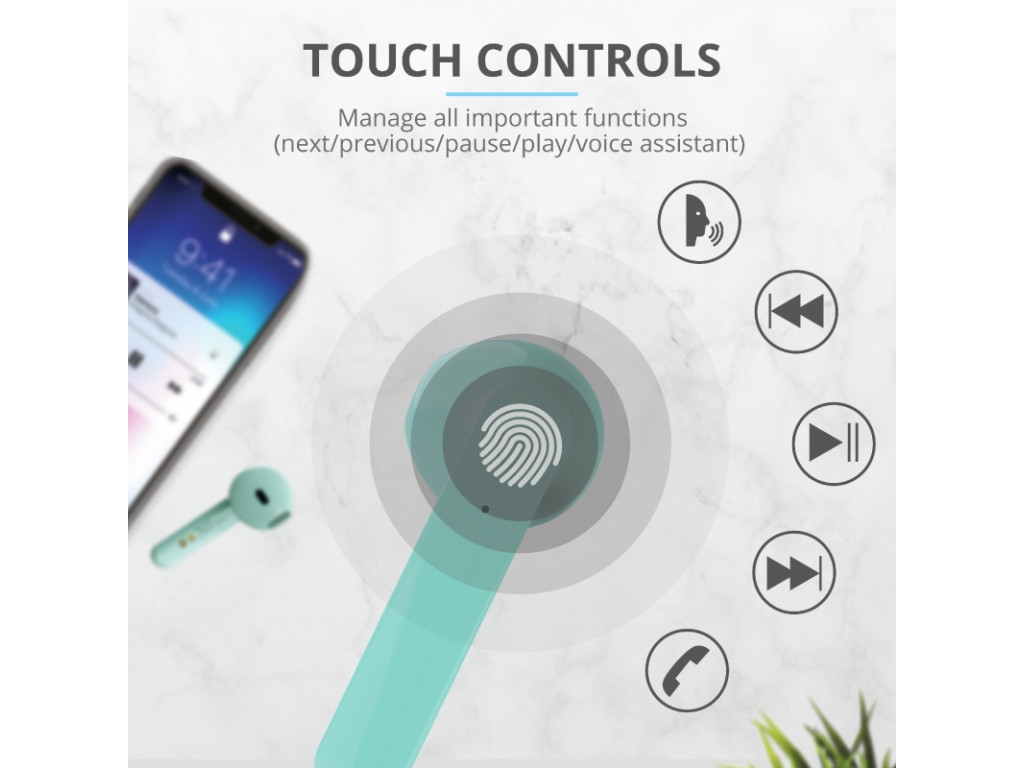 Слушалки TRUST Primo Touch Bluetooth Earphones Mint 1148_30.jpg