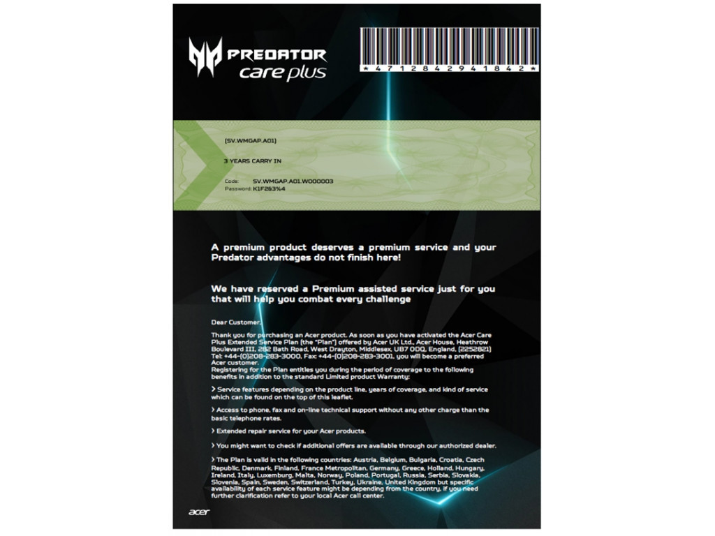 Допълнителна гаранция Acer 3Y Carry In Warranty Extension for Notebook Predator 14827.jpg